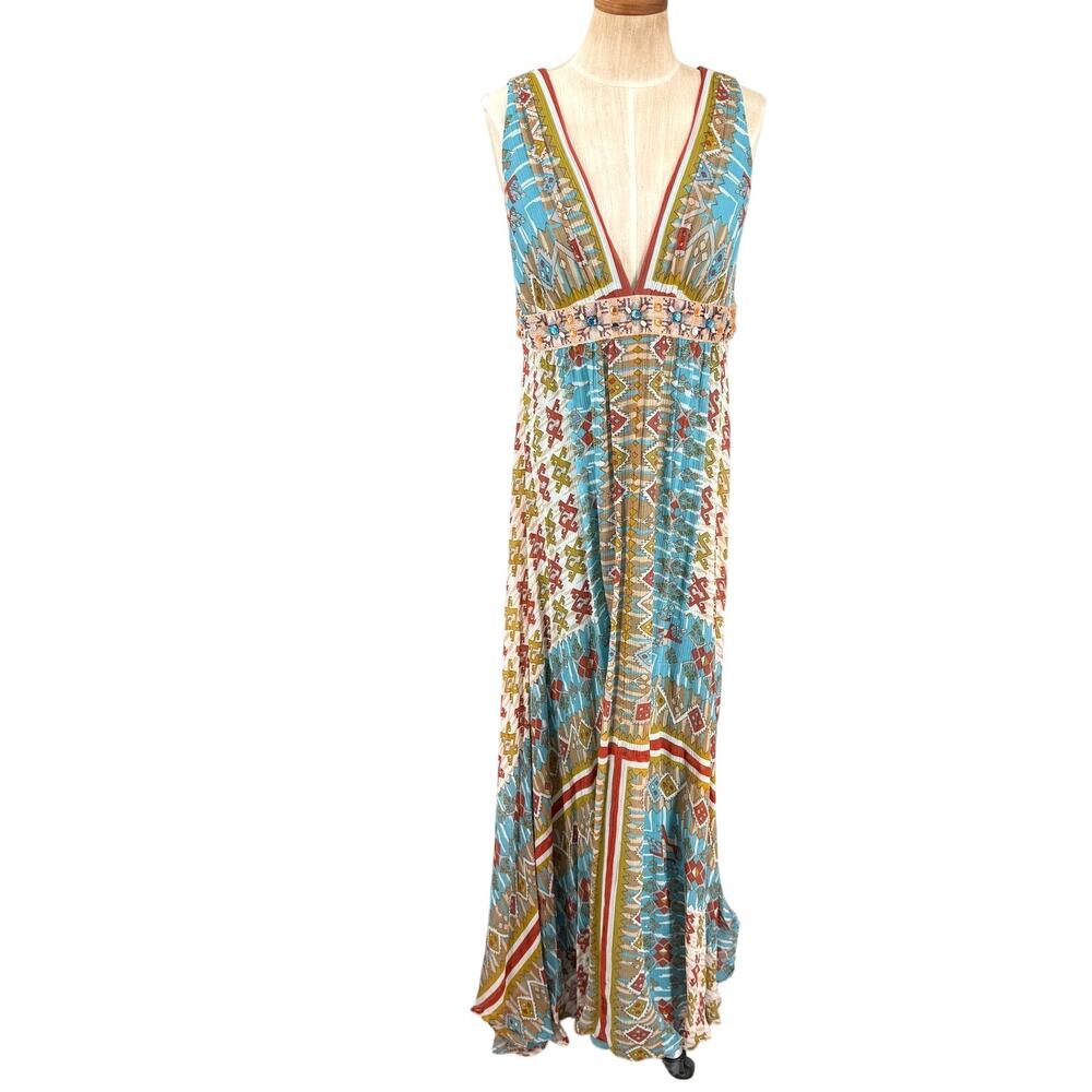 Nicole Miller Vintage 100% Silk Deep V Maxi Dress Full Skirt Beads Size 12 Y2K